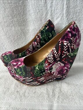 Call It Spring Floral Mixed-Print Platform Wedges in Purple, Green, Black